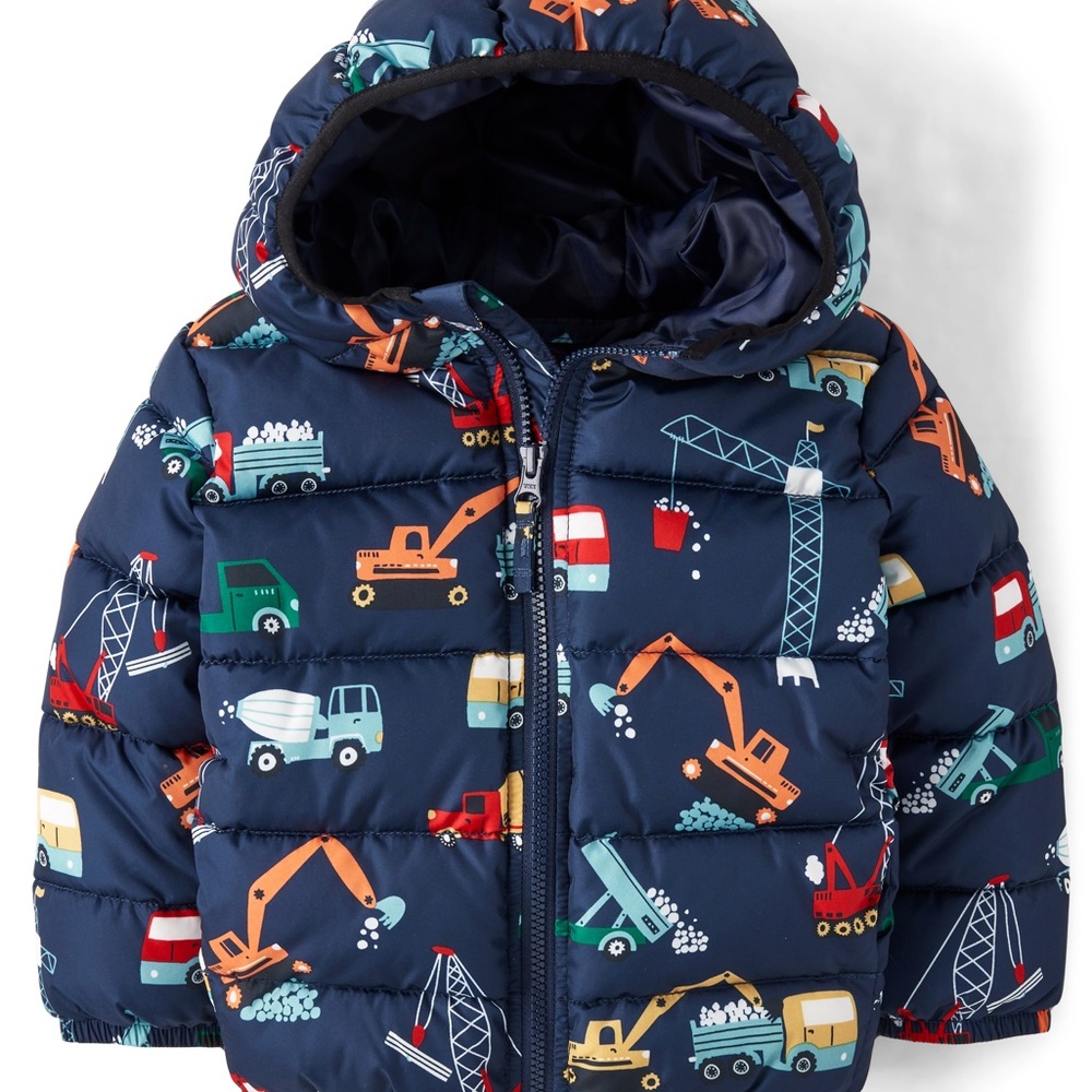 The Children's Place Navy Construction Vehicle Puffer Jacket NWT 18-24m